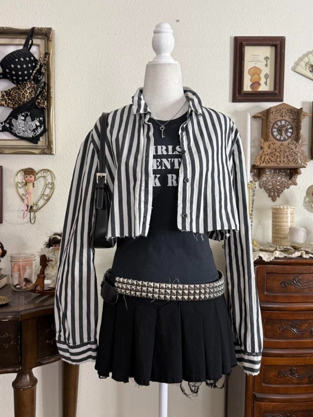 Indie sleaze girly grunge striped distressed cropped button up shirt